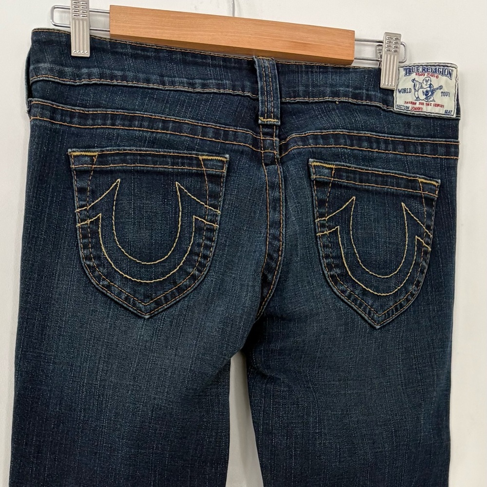 TRUE RELIGION Sz 30/33L JOHNNY Y2K Low Rise Denim Jeans Boot Cut Logo Pockets